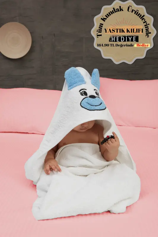 Pupy Bear Paxtadan Yasalgan Qopqonli Qiz-o'g'il Bolalar uchun Yangi Tug'ilgan Chaqaloq Peçenesi Nakshli Oq 100x100sm - 1