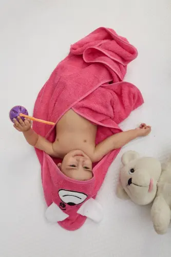 Pupy Bear Хлопковое Худи для Новорожденных Девочек и Мальчиков Конверт-Полотенце Вышивка Фуксия 100x100см-Фуксия - 2