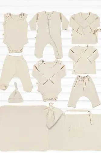 Pure 11 Parça Hastane Çıkışı Seti %100 Organik Pamuk Ham Pamuk Rengi Unisex-NATUR - 1