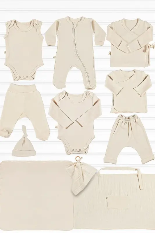 Pure 11 Pieces Newborn Layette Set 100% Organic Cotton Raw Cotton Color Unisex-NATUR - 3