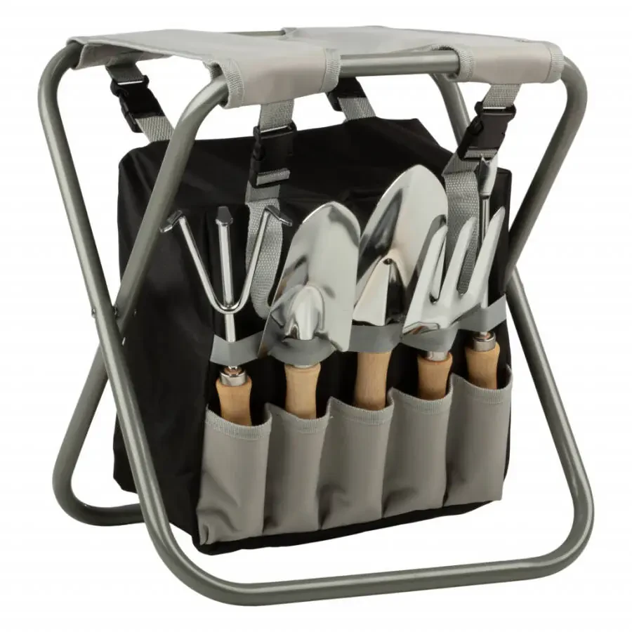 Pure Garden Gardening Tool Set, Garden Stool, and Carry Bag, Gray - 1