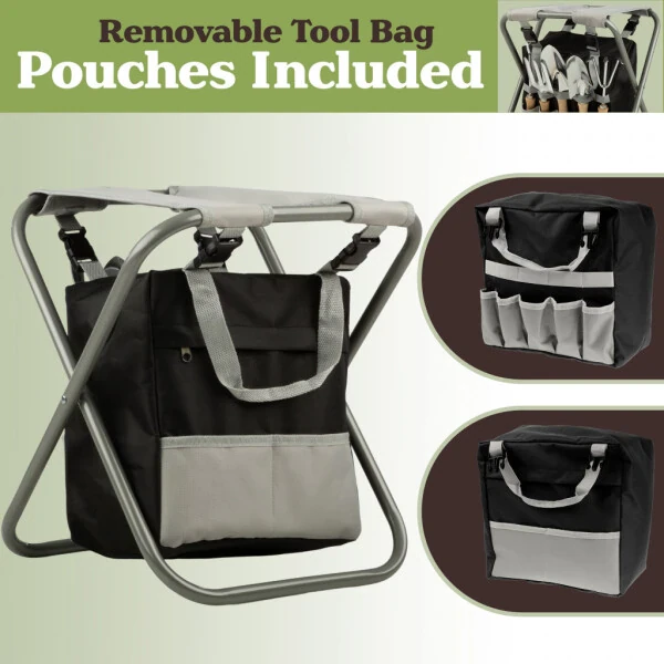 Pure Garden Gardening Tool Set, Garden Stool, and Carry Bag, Gray - 5