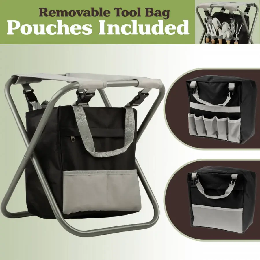 Pure Garden Gardening Tool Set, Garden Stool, and Carry Bag, Gray - 5