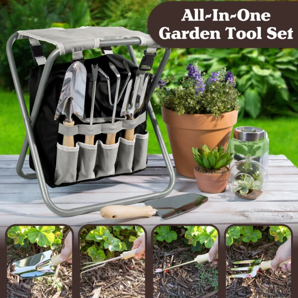 Pure Garden Gardening Tool Set, Garden Stool, and Carry Bag, Gray - 6
