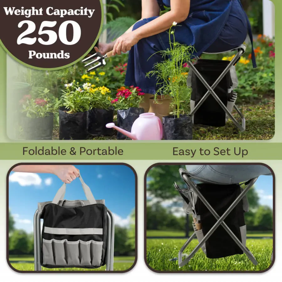 Pure Garden Gardening Tool Set, Garden Stool, and Carry Bag, Gray - 7