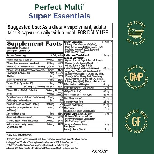 Purity Products Mükemmel Çoklu Süper Esansiyeller - Multivitamin + Meyve ve Sebzeler + Lutein, Zeaksantin ve Karadut Ekstresi ile Sağlıklı Gün ve Gece Görüşünü Destekler - 90 Kapsül - 2