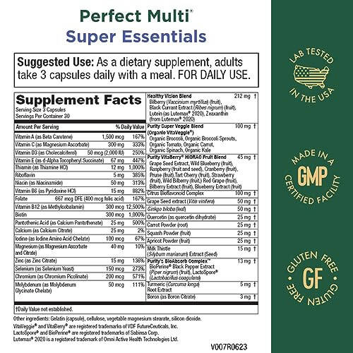 Purity Products Perfect Multi Super Essentials - Мультивитамины + Фрукты и Овощи + Способствует Здоровому Дневном и Ночном Зрению с Лютеином, Зеаксантином и Экстрактом Черной Смородины - 90 Капсул - 2