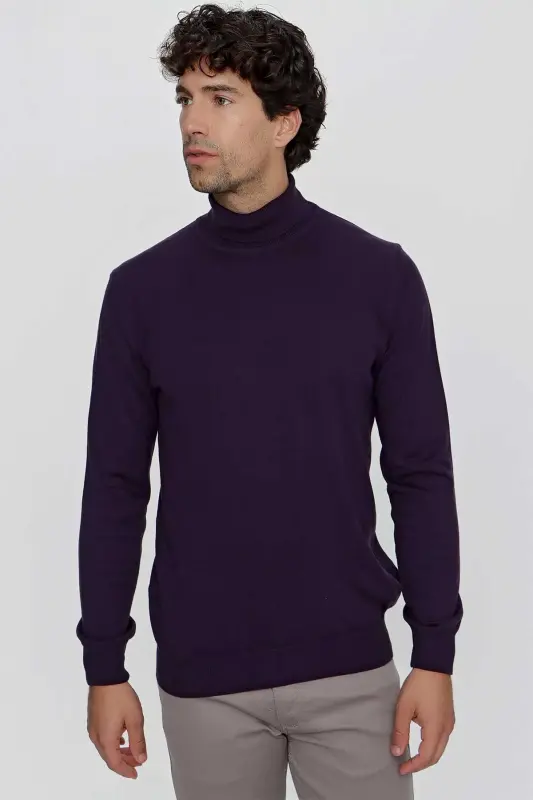 Purple Basic Dynamic Fit Relaxed Cut Turtleneck Knit Sweater - 3