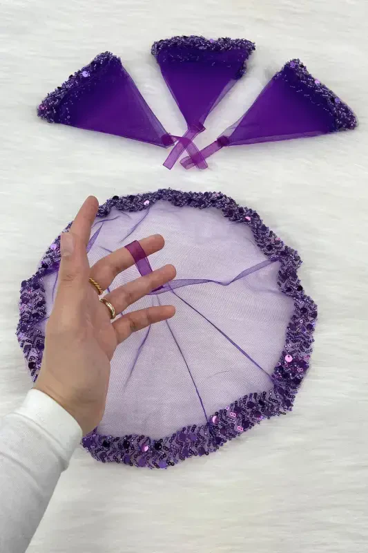 Purple Bridal Handkerchief, Halay Handkerchief, Elegant Water Stone Sequined Beaded Sequin - SADECEMENDİLSUTAŞLIZARİFMOR - 1