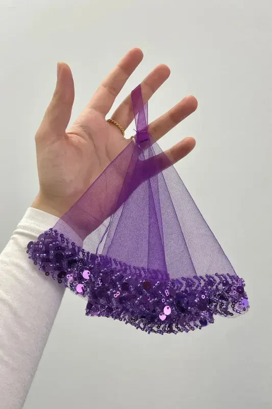 Purple Bridal Handkerchief, Halay Handkerchief, Elegant Water Stone Sequined Beaded Sequin - SADECEMENDİLSUTAŞLIZARİFMOR - 2