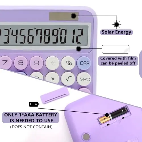 Purple Calculator, UPIHO Katta LCD displey va katta tugmachalari bilan 12 xonali, Ayollar stoli uchun binafsha ofis aksessuarlari, Ofis, maktab, uy, biznes uchun yoqimli kalkulyator - 3