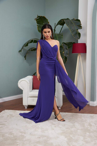 Purple Chiffon One Shoulder Slit Long Evening Dress - 1