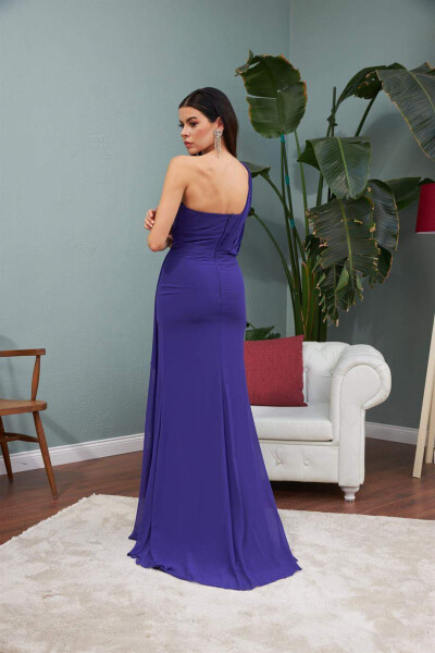 Purple Chiffon One Shoulder Slit Long Evening Dress - 5