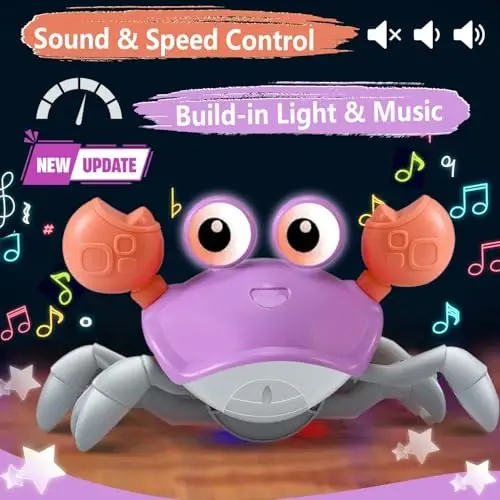Purple Crawling Crab Baby Toy - Violet Tummy Time Crab Infant Walking Crab Dancing Moving Crawl Crab with Music & Light Cute Interactive Running Escape Catch Me Crab for Crawler Side Walk Toddler Crab - 3