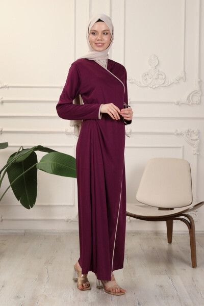 Purple Cross-Neck Cuffed Flexible Interlock Fabric Prayer Dress - 7