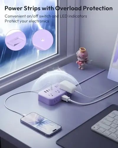 Purple Extension Cord Surge Protector Power Strip with 6 Outlets 4 USB Ports(20W), Flat Extension Cord with Multiple Outlets, 5 ft Flat Plug Outlet Extender for Indoor, Office - 4
