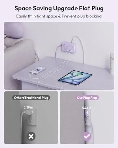 Purple Extension Cord Surge Protector Power Strip with 6 Outlets 4 USB Ports(20W), Flat Extension Cord with Multiple Outlets, 5 ft Flat Plug Outlet Extender for Indoor, Office - 6