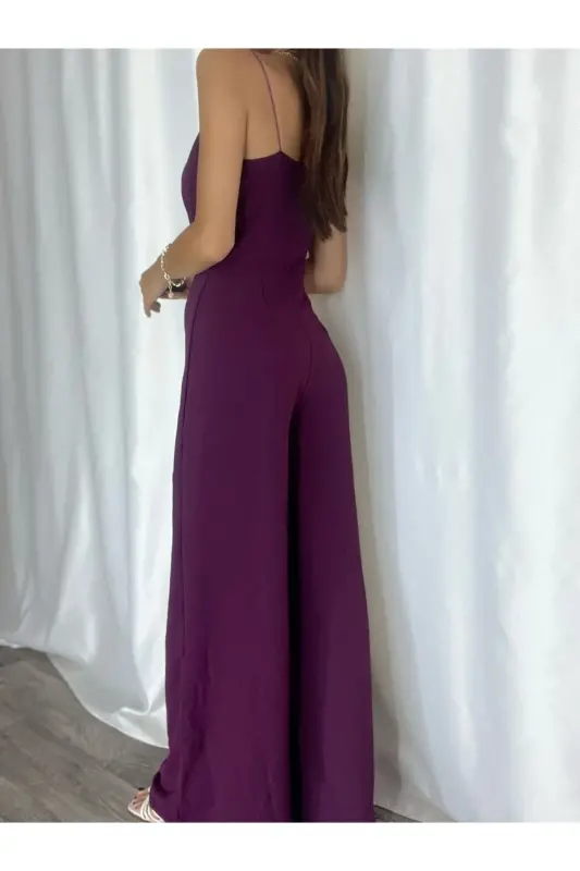 Purple Flexible Crepe Fabric Strappy Crossover Neck Long Evening Jumpsuit 582101 697-PURPLE - 3