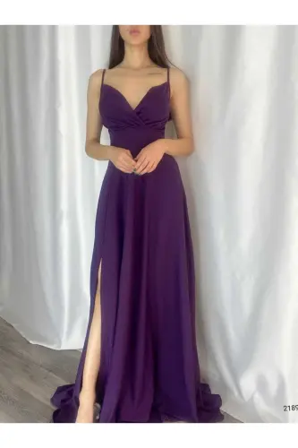 Purple Flexible Fabric Spaghetti Strap Slit Detailed Long Evening and Graduation Dress 582189 698-PURPLE 