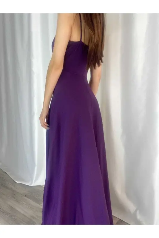Purple Flexible Fabric Spaghetti Strap Slit Detailed Long Evening and Graduation Dress 582189 698-PURPLE - 2