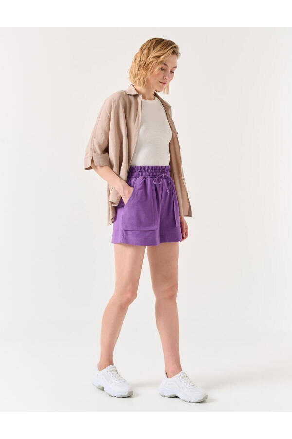 Purple High Waist Elastic and Tie-Up Linen Shorts - 17