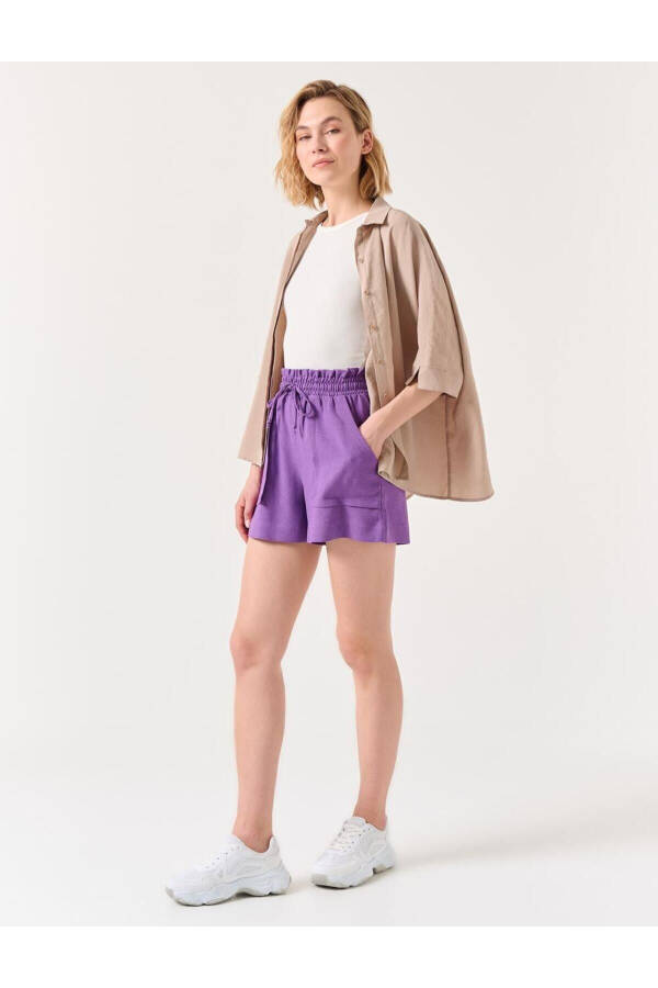 Purple High Waist Elastic and Tie-Up Linen Shorts - 18