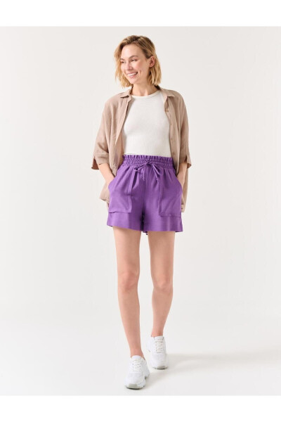 Purple High Waist Elastic and Tie-Up Linen Shorts - 11