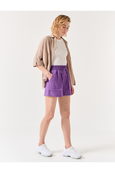 Purple High Waist Elastic and Tie-Up Linen Shorts - 7