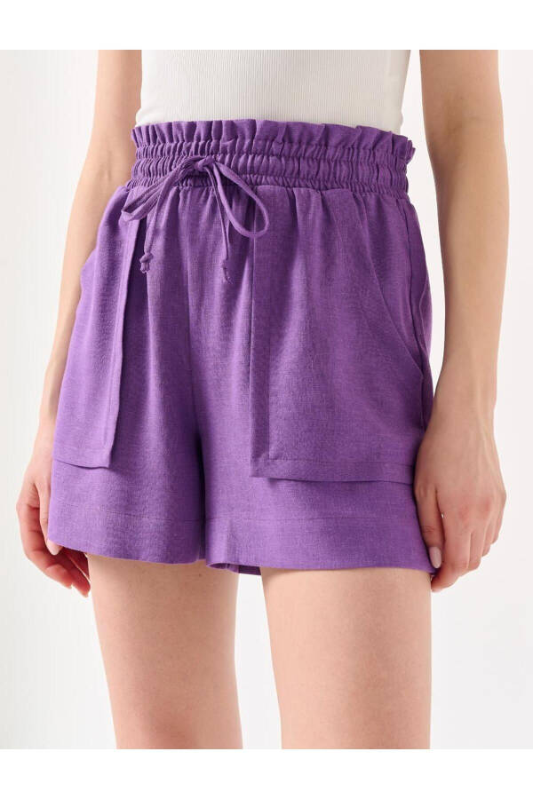 Purple High Waist Elastic and Tie-Up Linen Shorts - 4