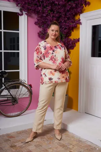 Purple large size chiffon blouse with floral print, bicycle collar and elastic cuffs. - 8