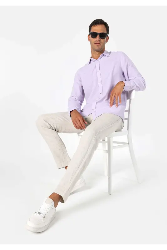 Purple, long-sleeved, regular fit men's shirt - 1