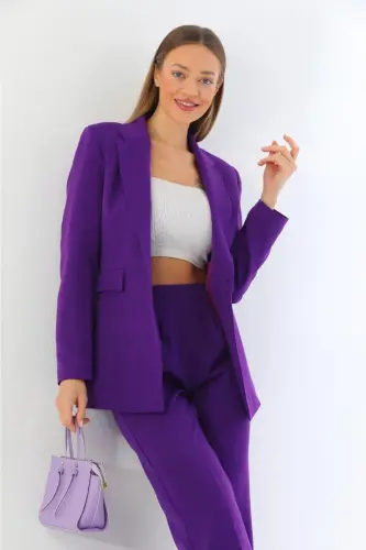 Purple Single Button Blazer Jacket Pocketed Palazzo Pants Suit-Purple - 5