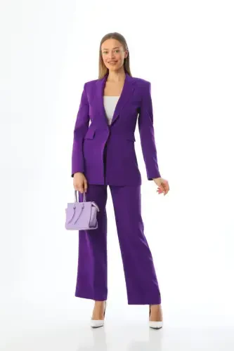 Purple Single Button Blazer Jacket Pocketed Palazzo Pants Suit-Purple - 1