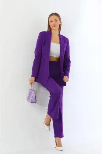 Purple Single Button Blazer Jacket Pocketed Palazzo Pants Suit-Purple - 4