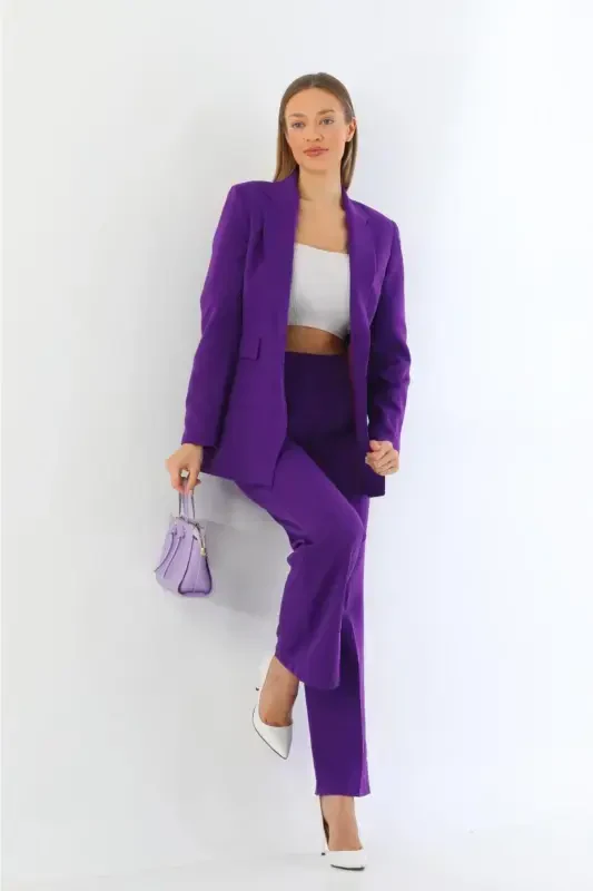 Purple Single Button Blazer Jacket Pocketed Palazzo Pants Suit-Purple - 4