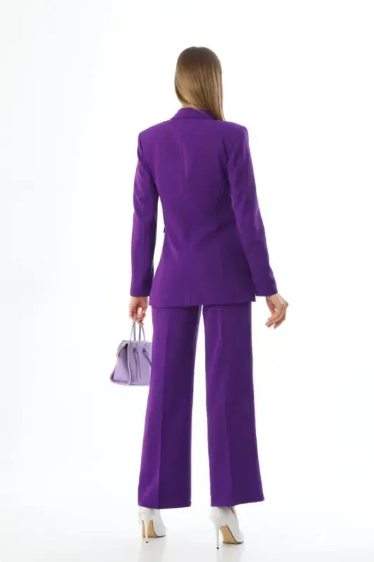 Purple Single Button Blazer Jacket Pocketed Palazzo Pants Suit-Purple - 6