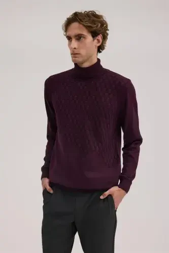Purple Slim Fit Patterned Turtleneck Knitwear 