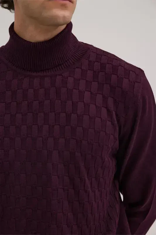 Purple Slim Fit Patterned Turtleneck Knitwear - 3