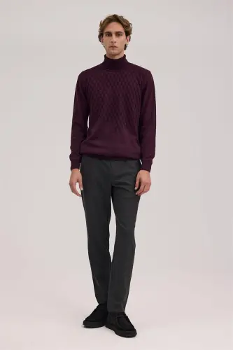 Purple Slim Fit Patterned Turtleneck Knitwear - 2