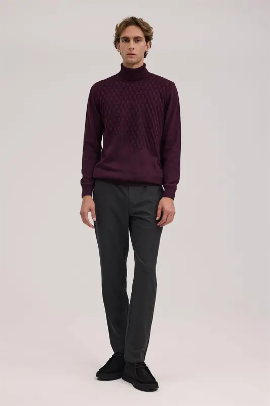 Purple Slim Fit Patterned Turtleneck Knitwear - 2
