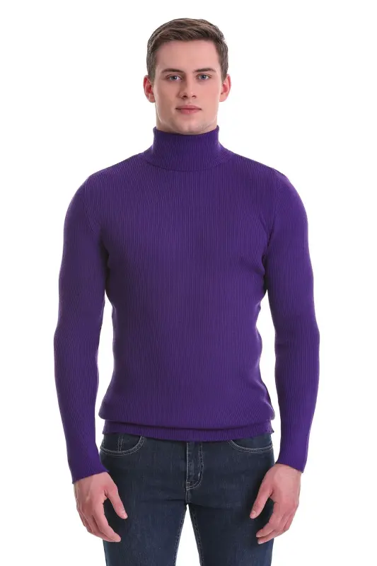Purple Slim Fit Ribbed Turtleneck Wool Knit Sweater - Purple - 3