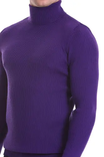 Purple Slim Fit Ribbed Turtleneck Wool Knit Sweater - Purple - 6