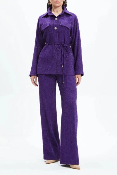 Purple Suit 39168 with Embellished Waistcoat, Shirt Collar, and Wide-Leg Trousers - Modazone