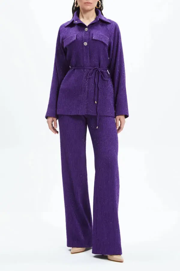 Purple Suit 39168 with Embellished Waistcoat, Shirt Collar, and Wide-Leg Trousers - 1