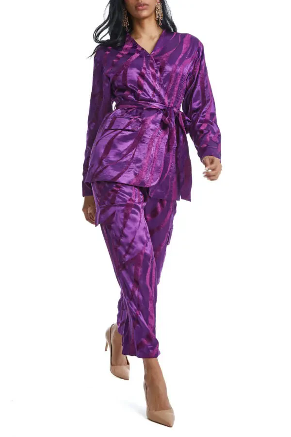 Purple Suit with Asymmetric Blazer with Bright Patterns and Belt 38849 - 1