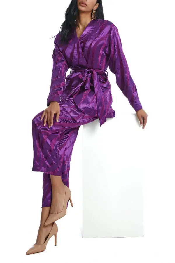 Purple Suit with Asymmetric Blazer with Bright Patterns and Belt 38849 - 2