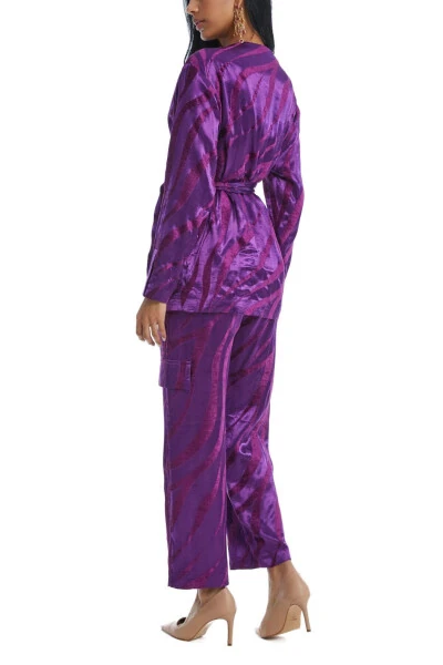 Purple Suit with Asymmetric Blazer with Bright Patterns and Belt 38849 - 3