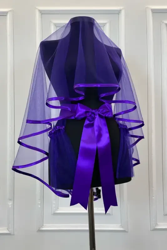 Purple Trimmed Bridal Veil Sash Glove Full Set Henna Night Wedding Marriage-BİYELİMOR - 1