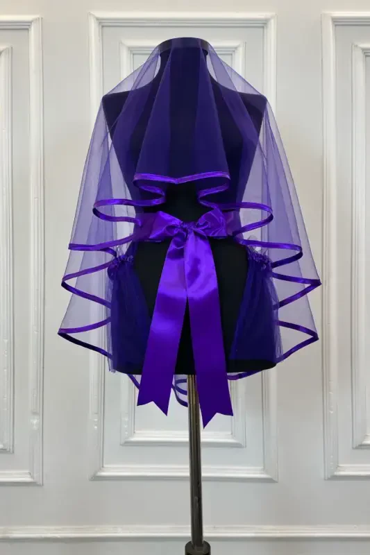 Purple Trimmed Bridal Veil Sash Glove Full Set Henna Night Wedding Marriage-BİYELİMOR - 2