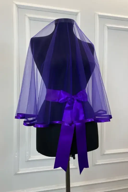 Purple Trimmed Bridal Veil Sash Glove Full Set Henna Night Wedding Marriage-BİYELİMOR - 3